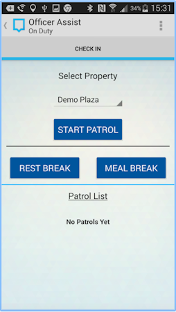 Kudagi Officer Assist screenshot: Guards can manage their shifts, breaks, patrols and incidents from the Officer Assist smartphone app