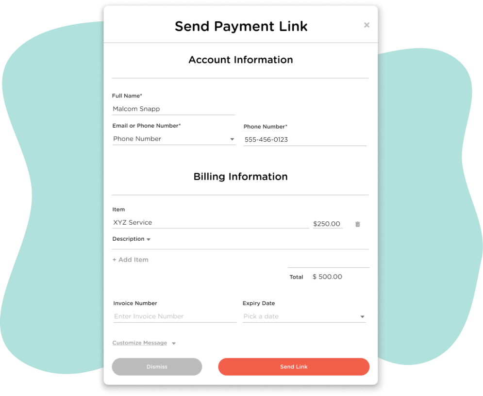 Collect payments through text. After your customers are finished, send a text or email link for payment. Payments integrate with your current setup.