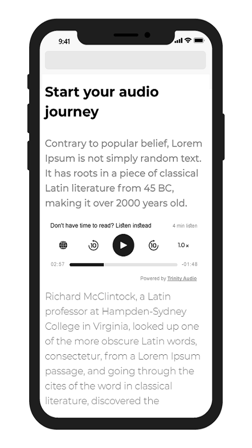 Trinity Audio screenshot: Trinity Player - real-time audio conversion, only relevant text (automatic screening of texts such as site menus, ads, etc), customize to site’s look and feel, instant translation,  low production costs, and seamless integration