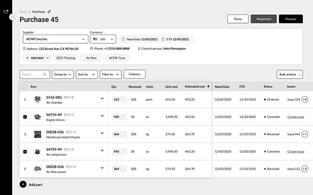 ION screenshot: Monitor and track all your purchases inside ION for full supply chain visibility. ION Factory OS offers purchasing functionality and it also integrates with your ERP so your information is always accurate. 
