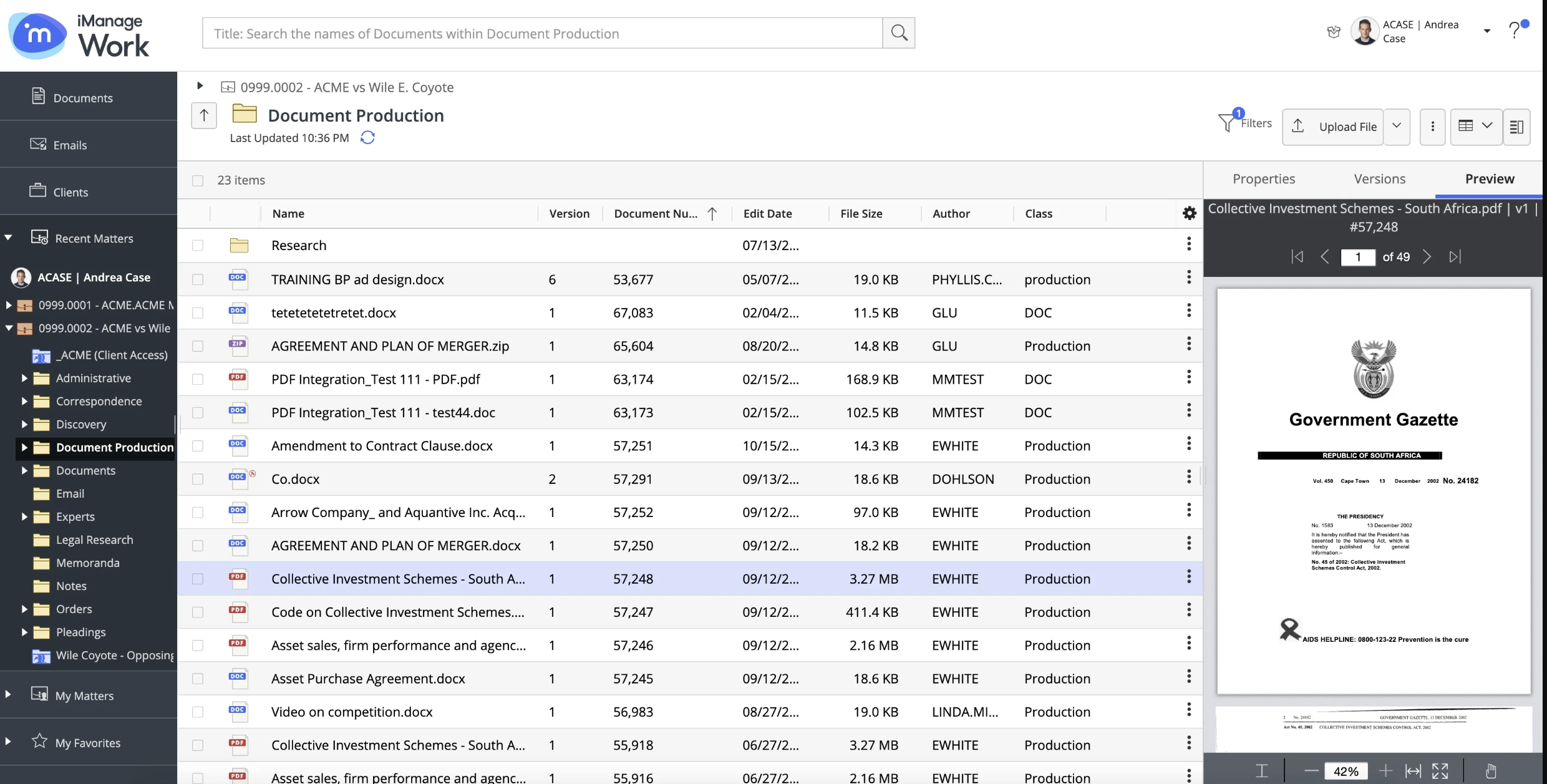 iManage Work screenshot: Desktop web app UI