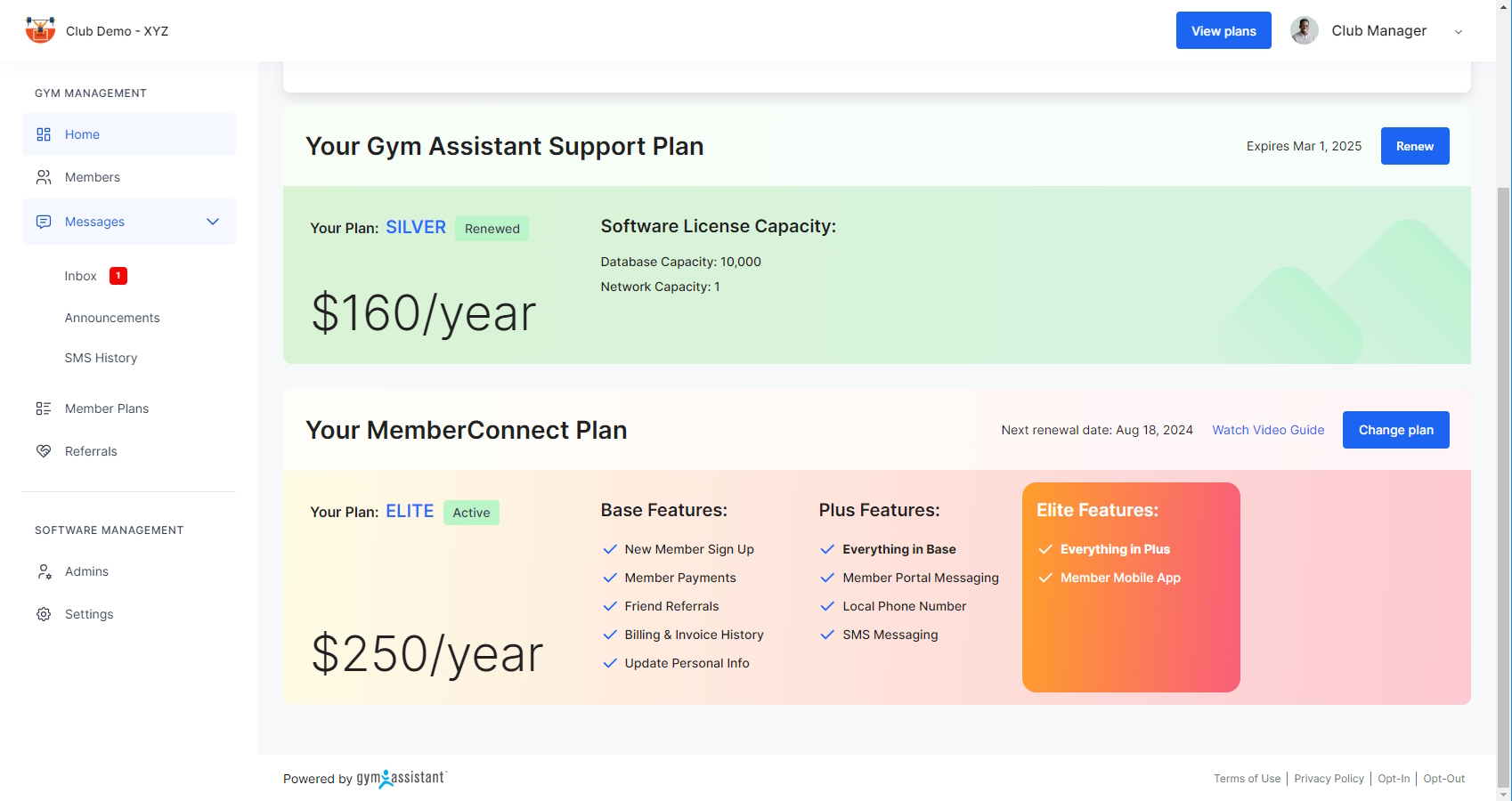 Gym Assistant Member Portal with MemberConnect digital services upgrade options for SMS & Mobile App functionality