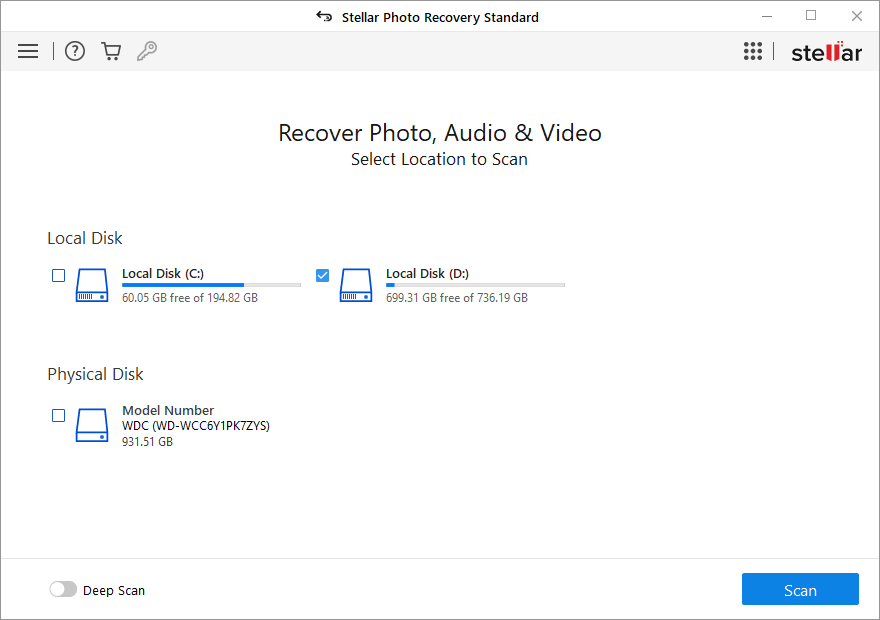 Select the drive, volume, or external media from which you want to restore media files. Click Scan.