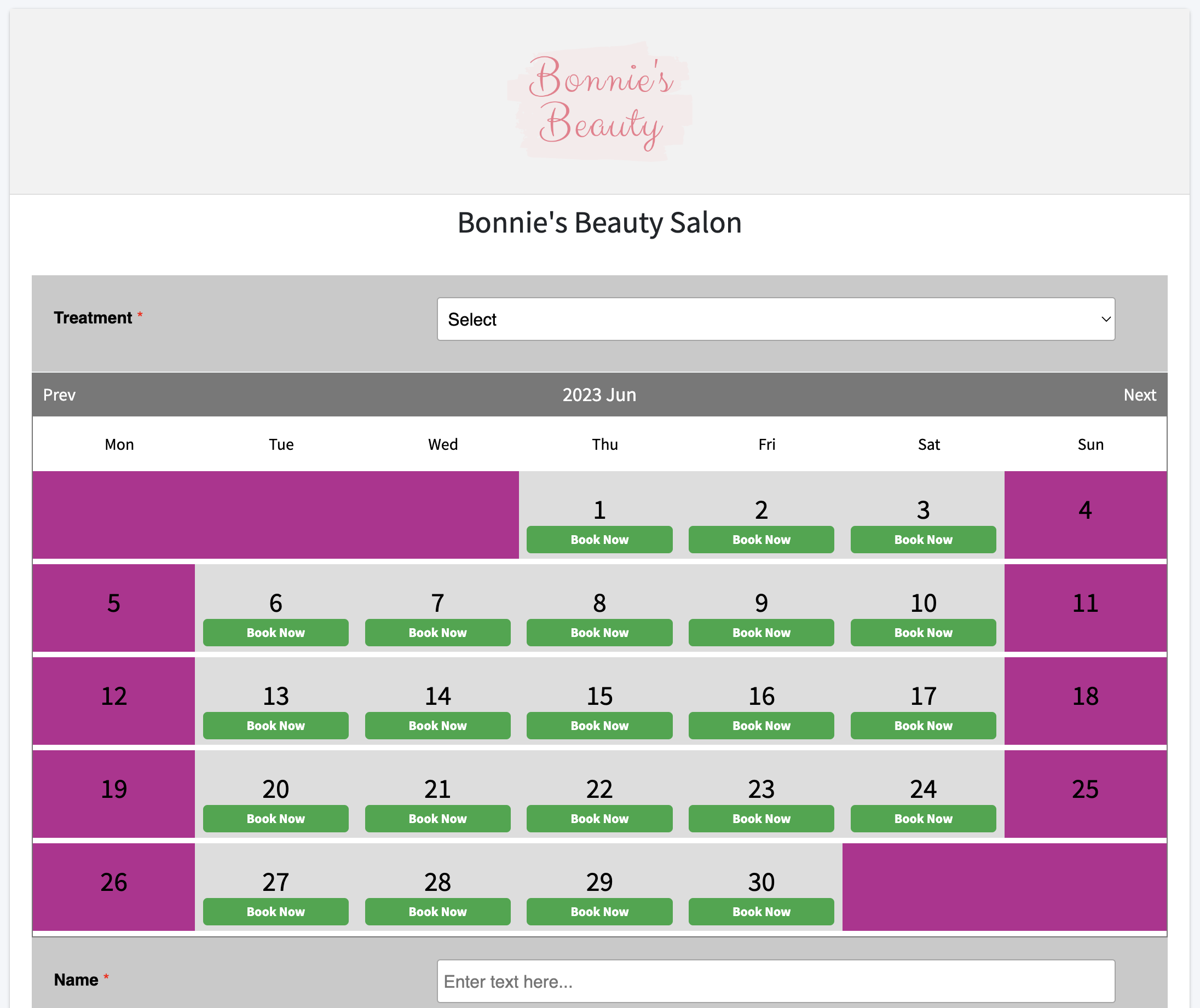 Beauty Forms Bookings Calendar