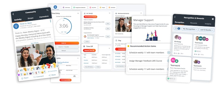 Paylocity screenshot: Employees want secure and easy access to their information, 24/7. With Employee Self Service (ESS), they can view checks, request time off, clock in and out, update personal data, and interact with each other.