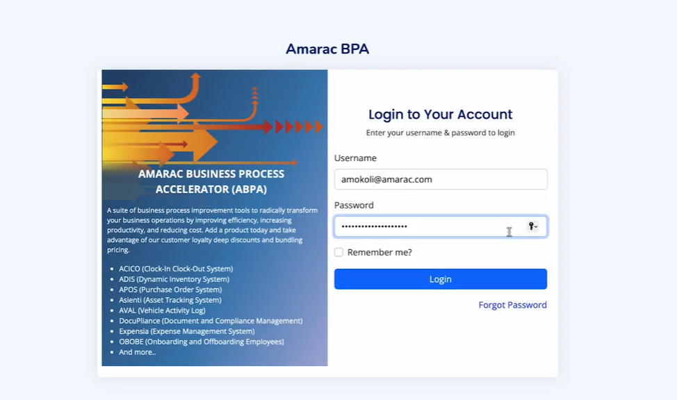 EXPENSIA screenshot: EXPENSIA login page