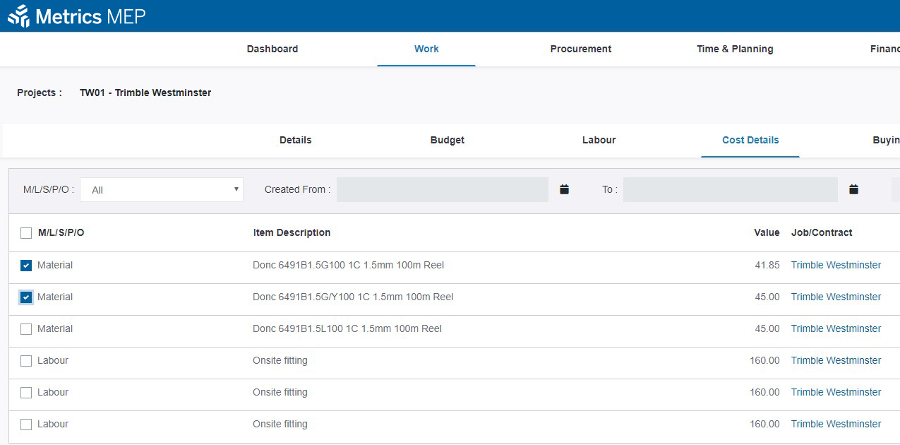 Estimation MEP screenshot: Metrics MEP cost details