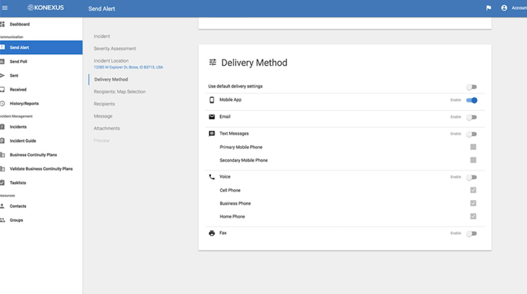 Konexus screenshot: Konexus choose delivery method