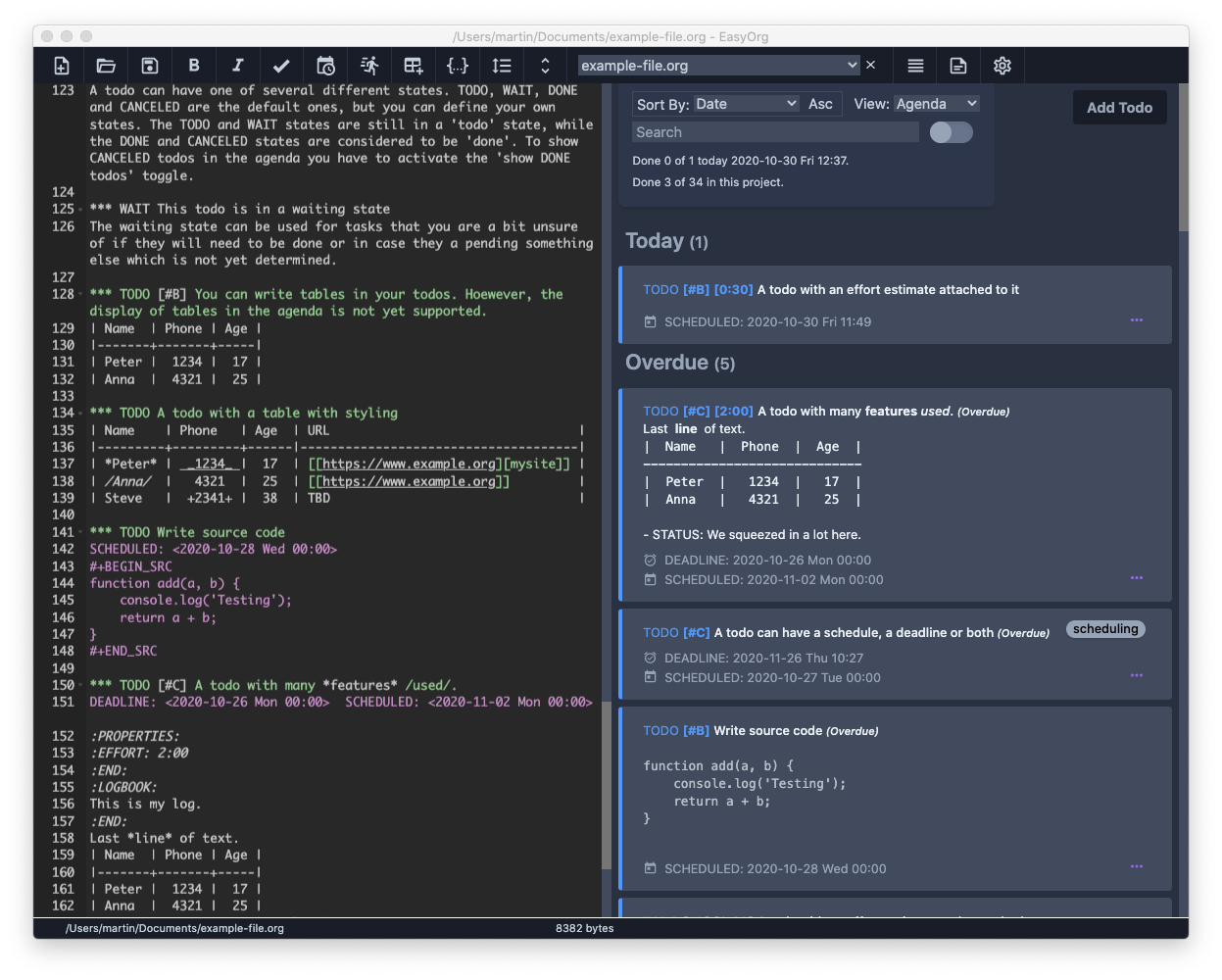 EasyOrg screenshot: EasyOrg Editor and Agenda view