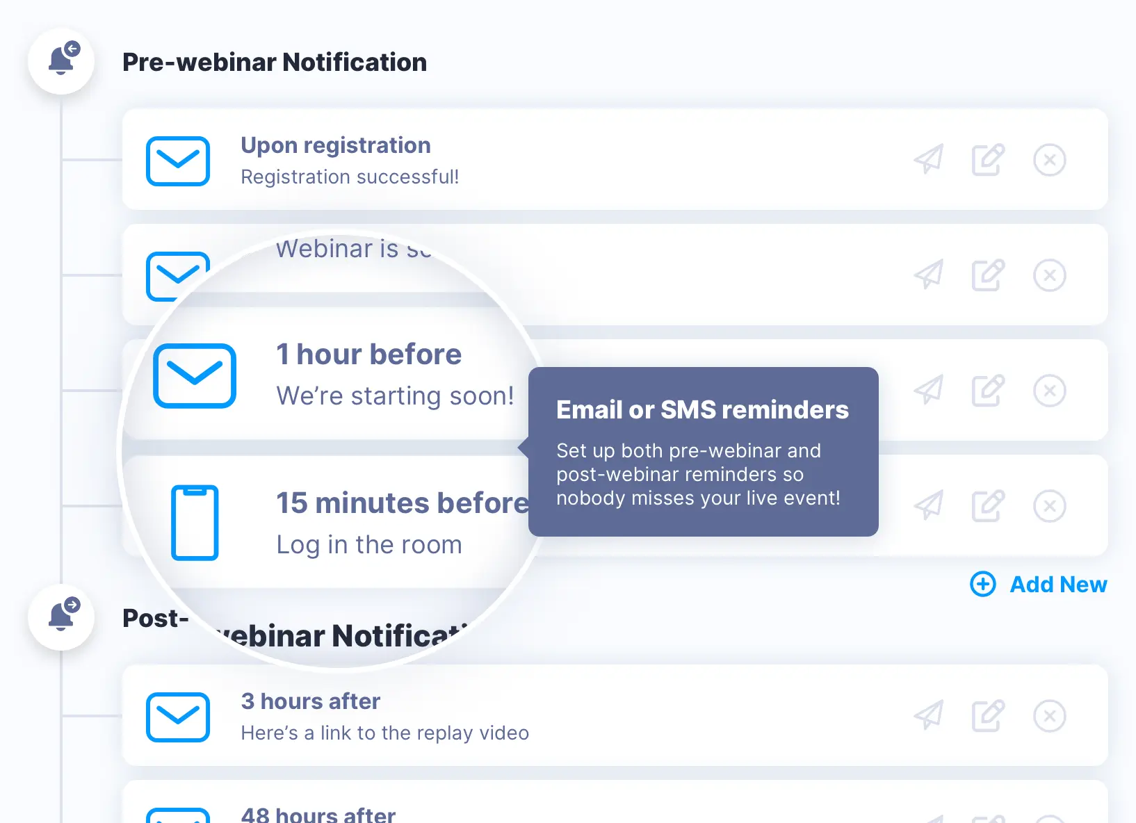 Full Email & SMS System - EverWebinar allows you to schedule a series of reminder notifications, both via email and phone text, so your registrants never miss your events!
