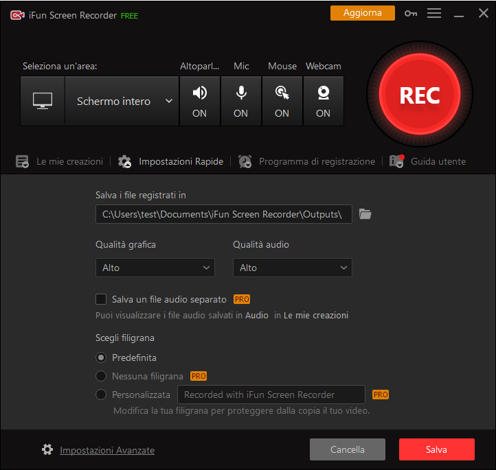 iFun Screen Recorder - Impostazioni registrazione