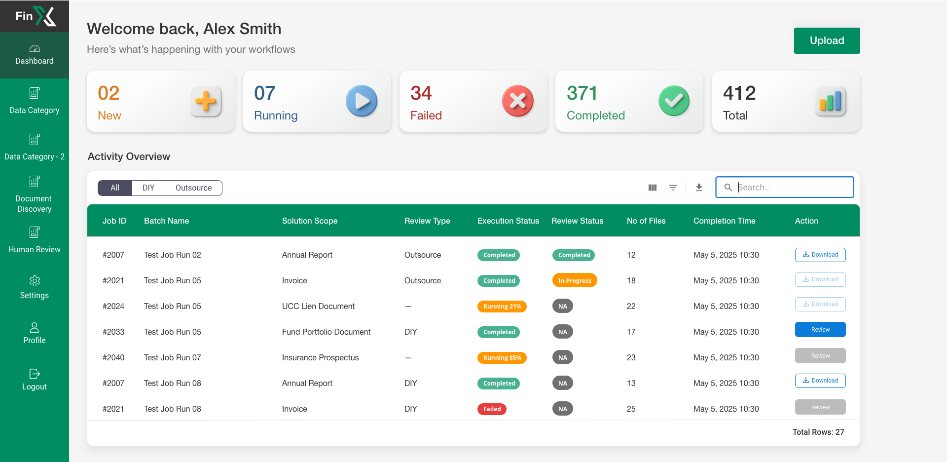 FinX screenshot: FinX dashboard 
