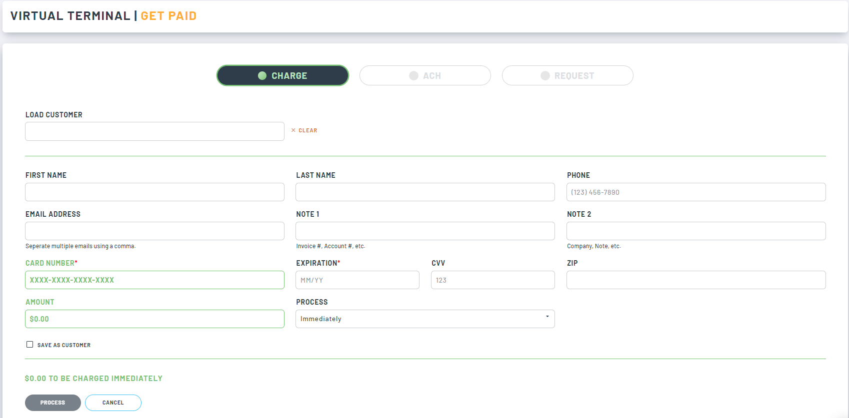 PaidYET screenshot: vTerm allows you to charge, request and accept credit card and ACH payments.