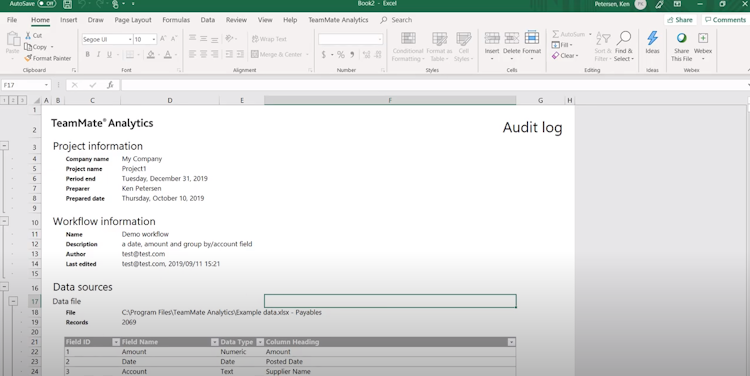 TeamMate Analytics screenshot: TeamMate Analytics audit log