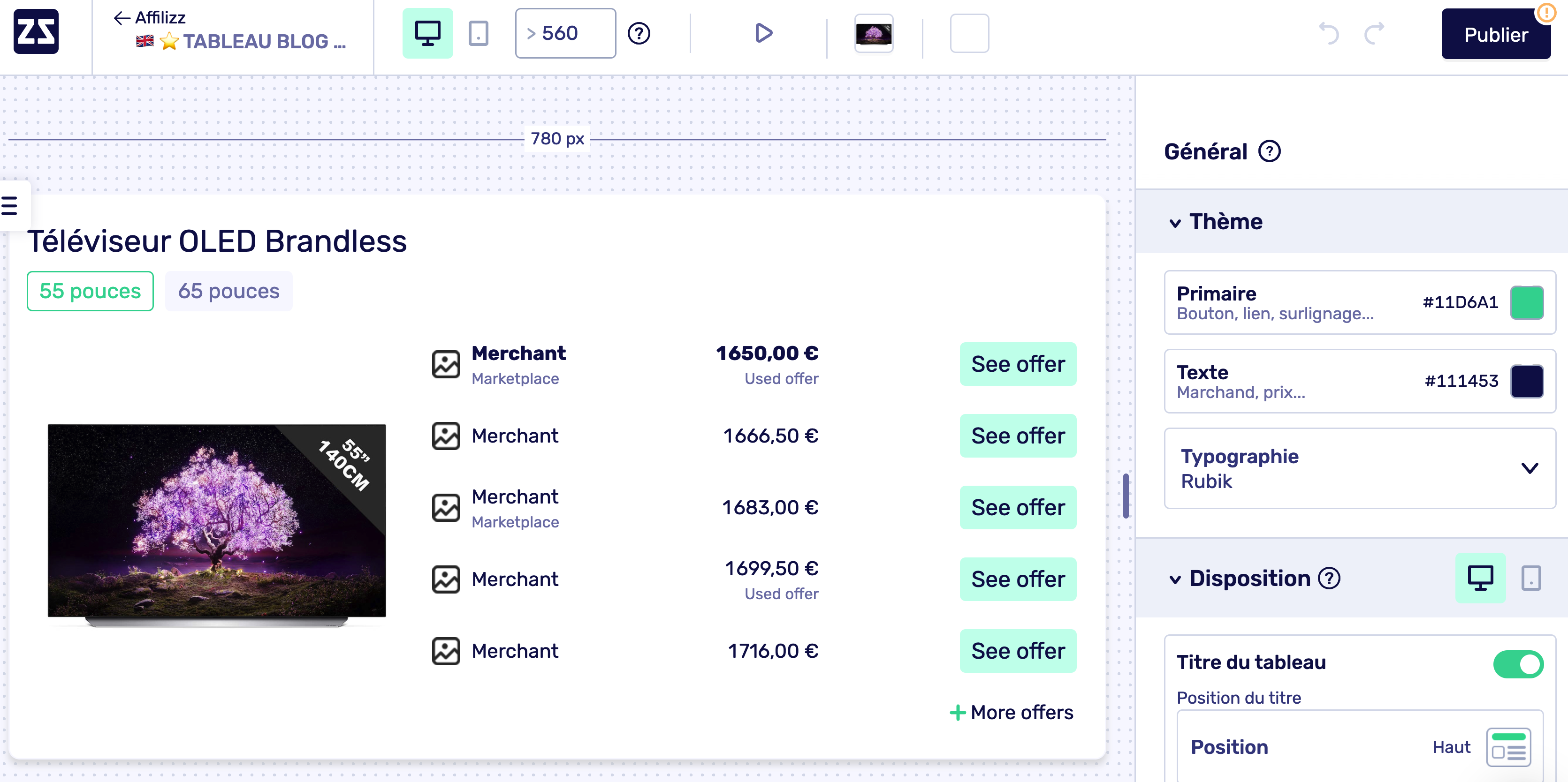 Affilizz screenshot: Designer - Price table