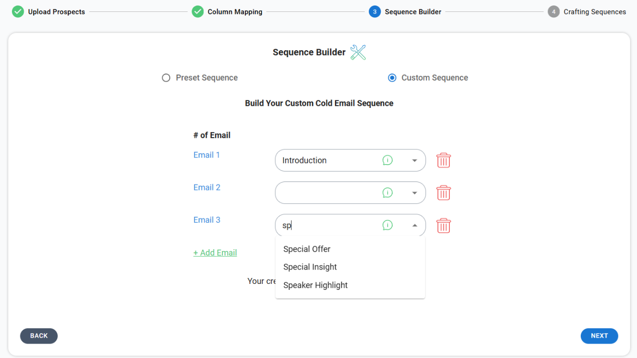 ProfitOutreach screenshot: Build your own custom cold email sequence.