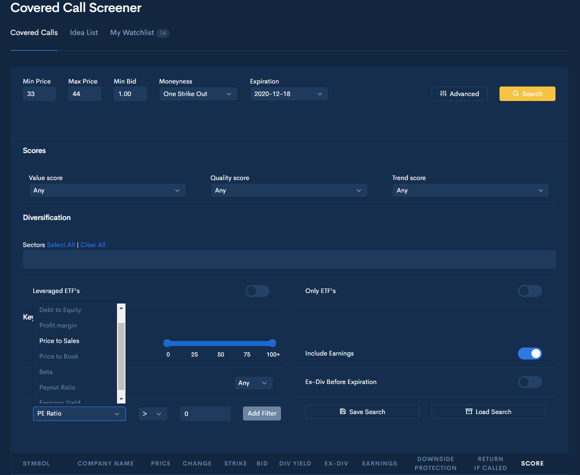 optionDash screenshot: optionDash covered call screener