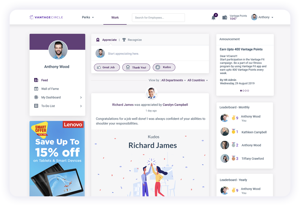 Vantage Circle Software - Vantage Circle's social feed encourages a culture of instant recognition where employees can share, like, and comment on posts to engage in real-time.