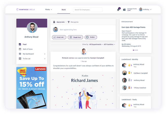 Vantage Circle screenshot: Vantage Circle's ocial feed encourages a culture of instant recognition where employees can share, like, and comment on posts to engage in real-time.