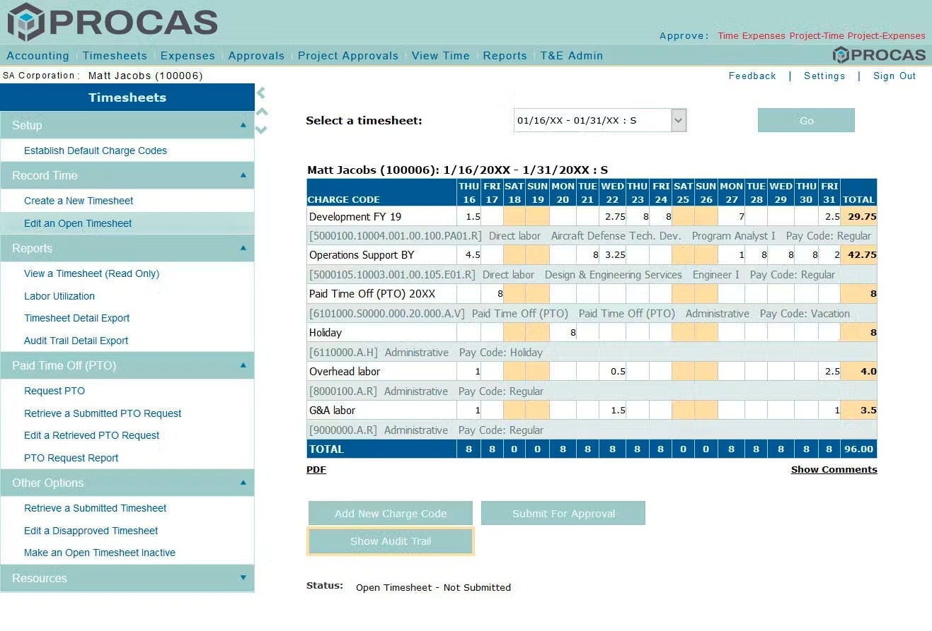 PROCAS Accounting Software - Timesheet