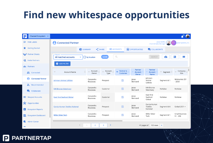 Detailed mapped account reports quickly identify net new white space accounts each partner can help you sell in to.
