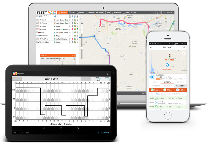 FleetFACTZ screenshot: FleetFACTZ includes both browser-and mobile access for anytime and real-time access to your fleet activities and movements. Ruggedized tablet is included with our eLOG/HOS solution