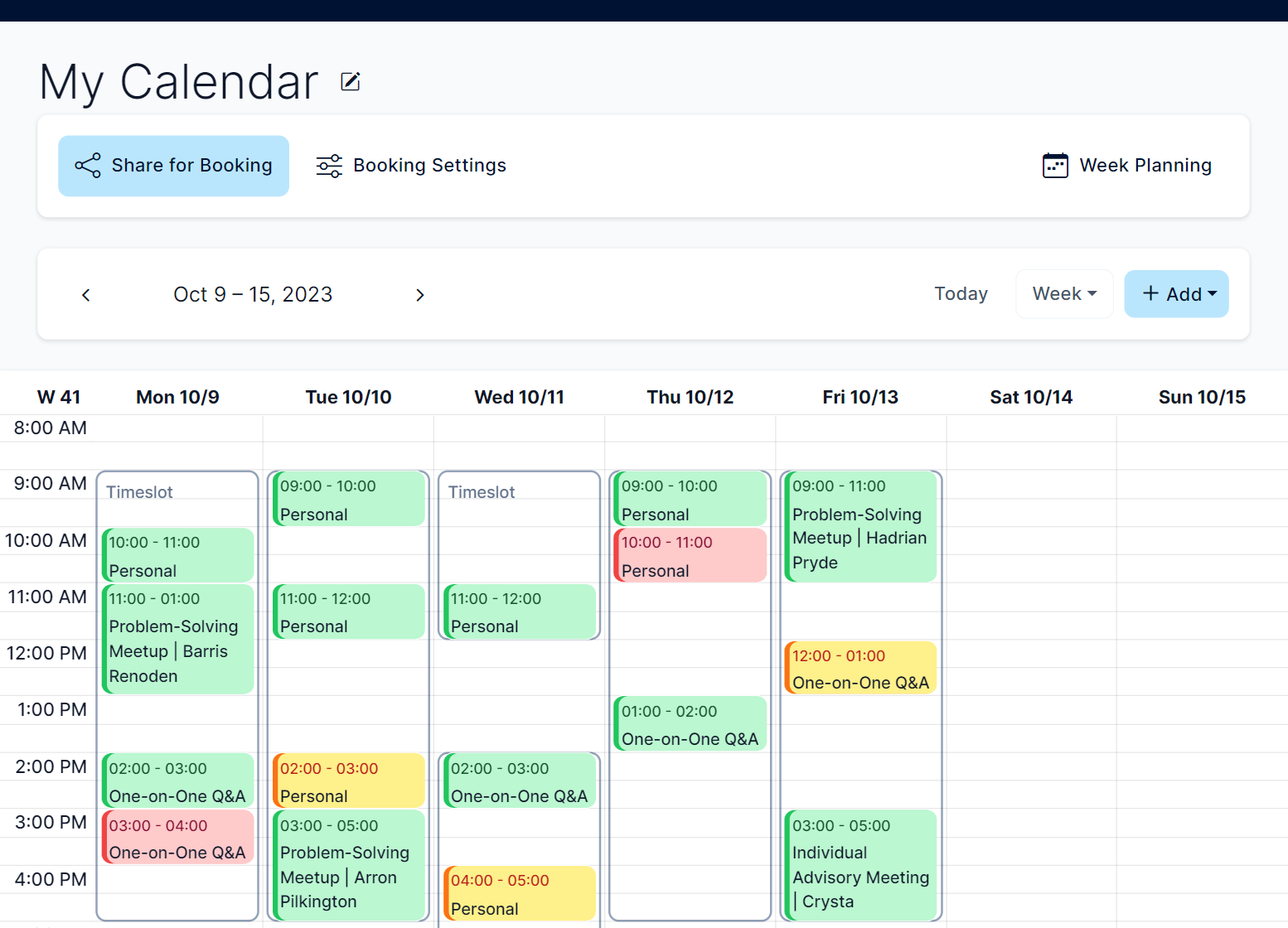 Calendar view with already booked appointments within timeslots