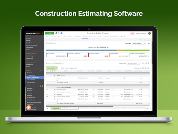 ConstructionOnline screenshot: Detailed construction estimating and job costing