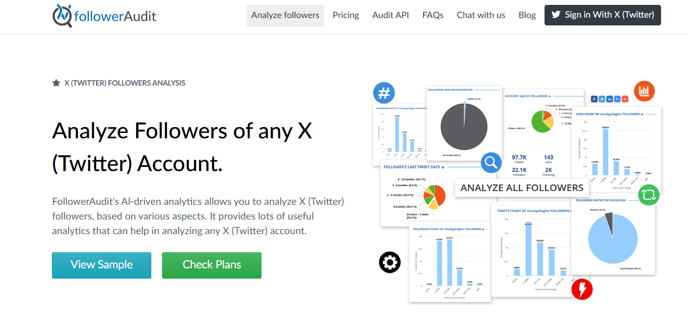 FollowerAudit screenshot: Analyze Followers of any X (Twitter) Account.
