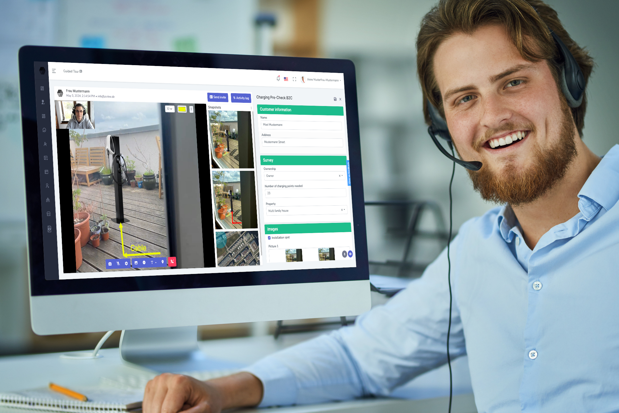 AIVITEX screenshot: The image captures a live service session on AIVITEX, showcasing real-time interaction with customers. Display your products. It highlights the ability to capture images and fill out forms simultaneously, streamlining communication and troubleshooting.