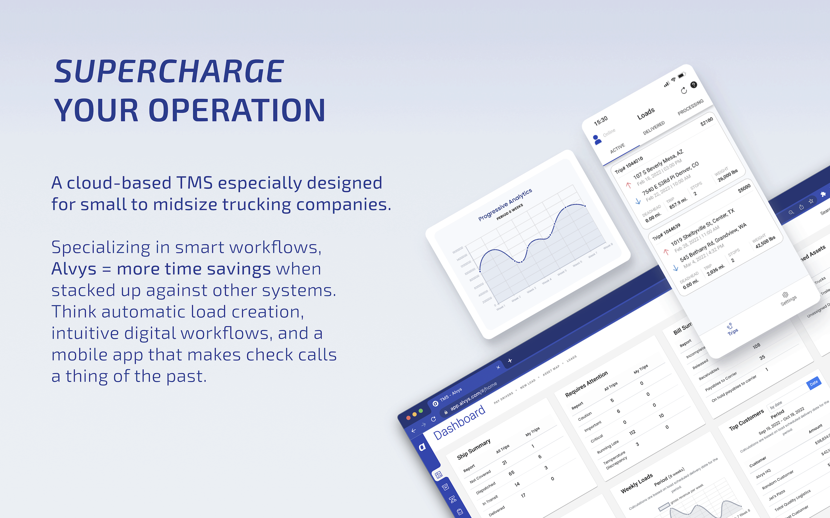 A cloud-based TMS especially designed for small to midsize trucking companies. Specializing in smart workflows, Alvys = more time savings when stacked up against other systems. Think automatic load creation, intuitive digital workflows, and a mobile app t