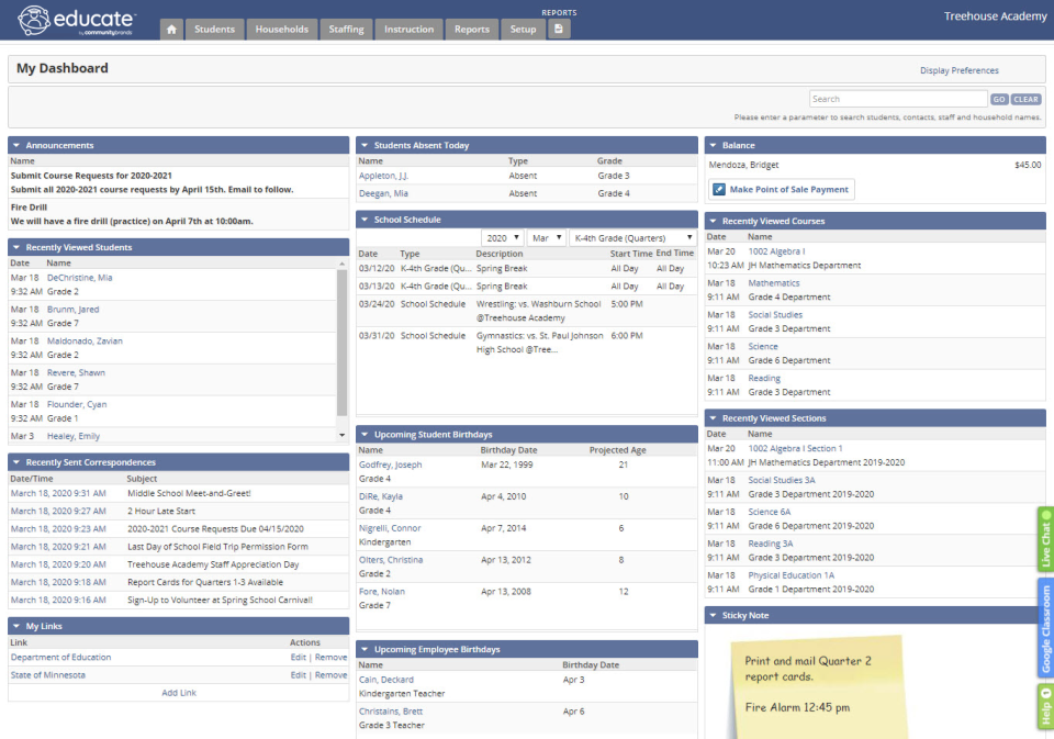 Educate SIS screenshot: Educate SIS school dashboard